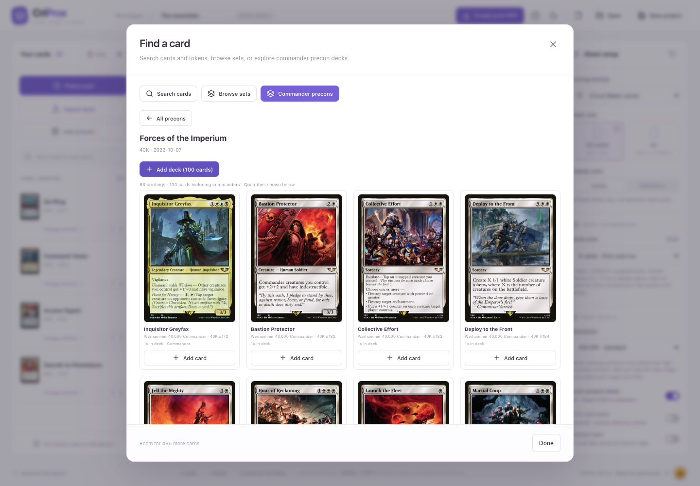 Find a card showing commander precon contents and quantities