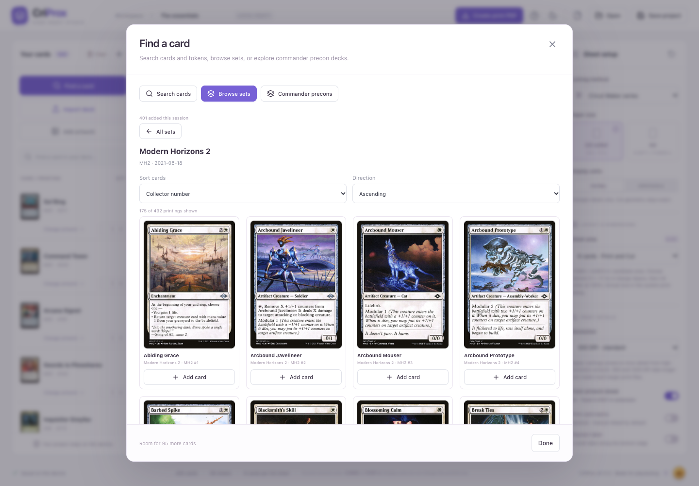 Find a card showing a set's printings and sorting controls