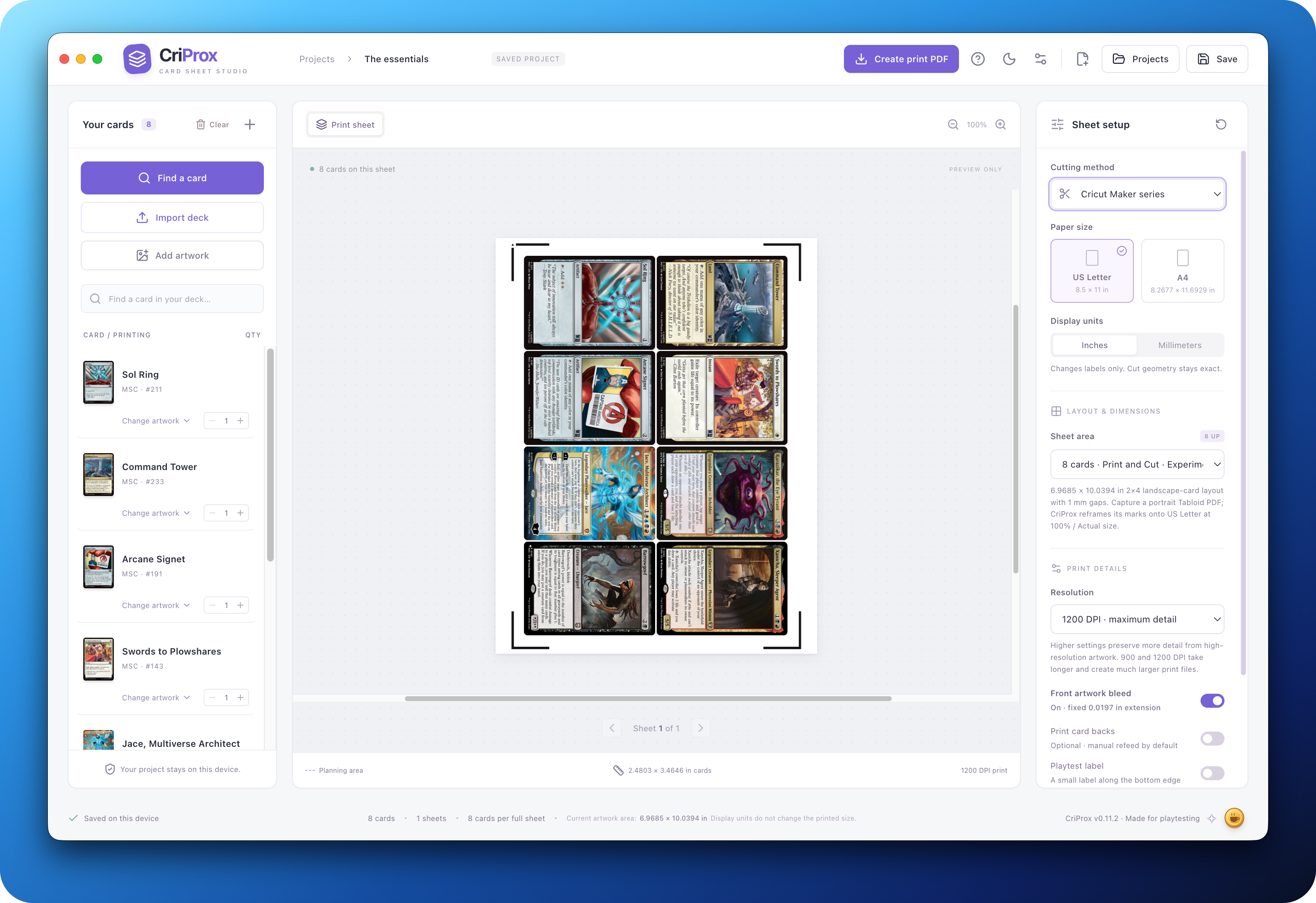 CriProx desktop studio with a card list, eight-card sheet preview, and print settings